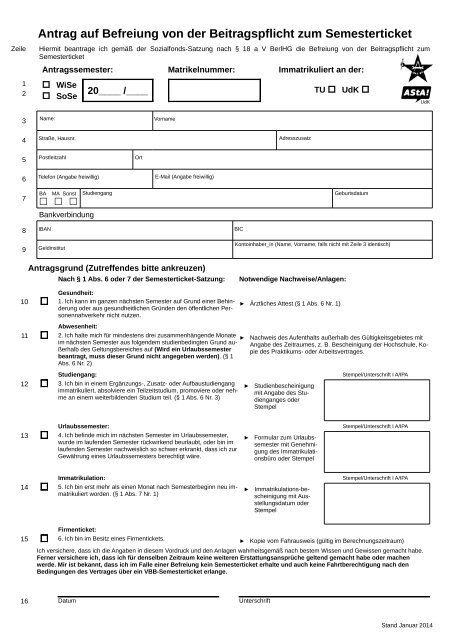 Antrag auf Befreiung von der Beitragspflicht zum ... - TU Berlin