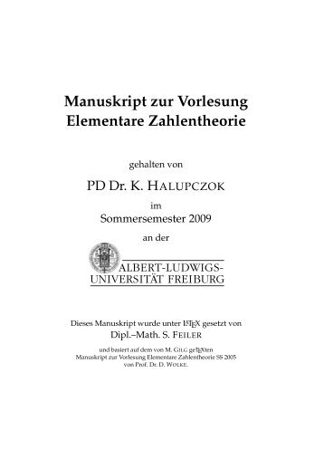 Manuskript zur Vorlesung Elementare Zahlentheorie