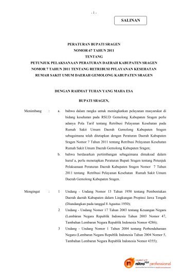 Perbub Nomor 67 Tahun 2011 Tentang Restribusi Pelayanan ...