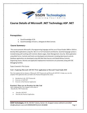 Cource Content of Asp.Net 4.0 - SSDN Technologies