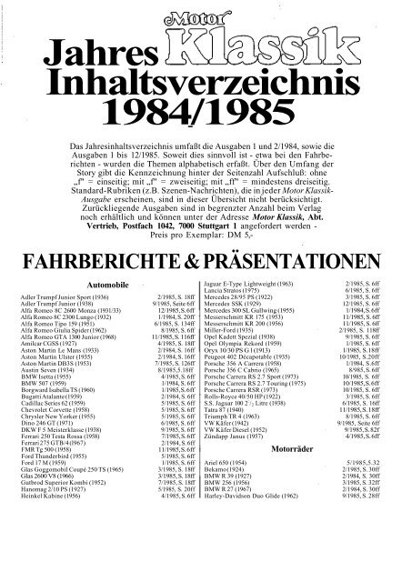 Motor Klassik Inhaltsverzeichnisse ab 1984