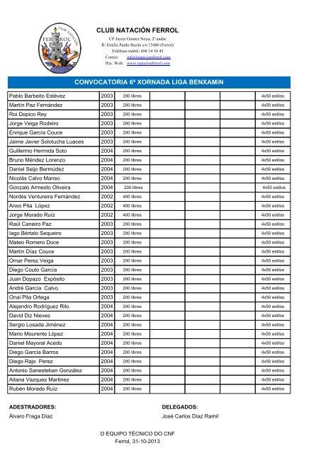 CLUB NATACIÃN FERROL CONVOCATORIA 6Âª XORNADA LIGA ...