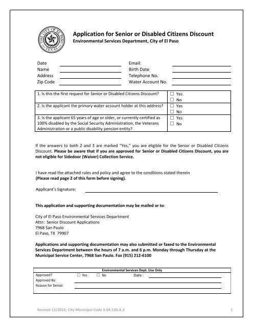 Application for Senior or Disabled Citizens Discount - City of El Paso