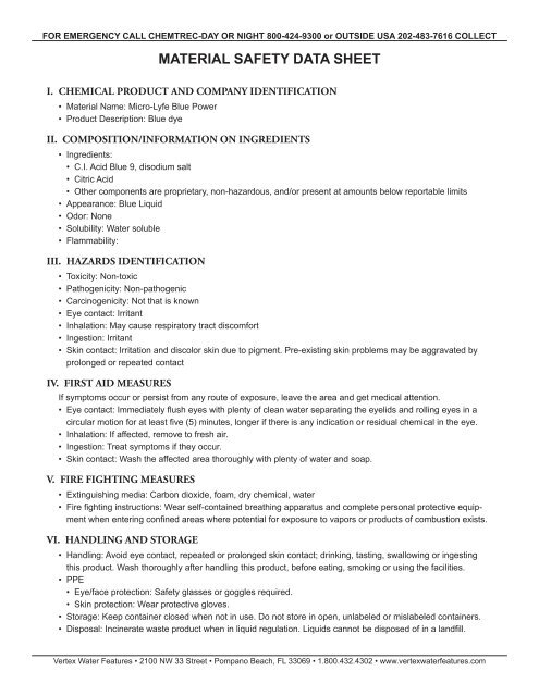 Blue Msds Pdf Vertex Water Features