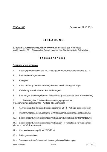 Protokoll der 391. Gemeinderatssitzung am 7. Oktober 2013