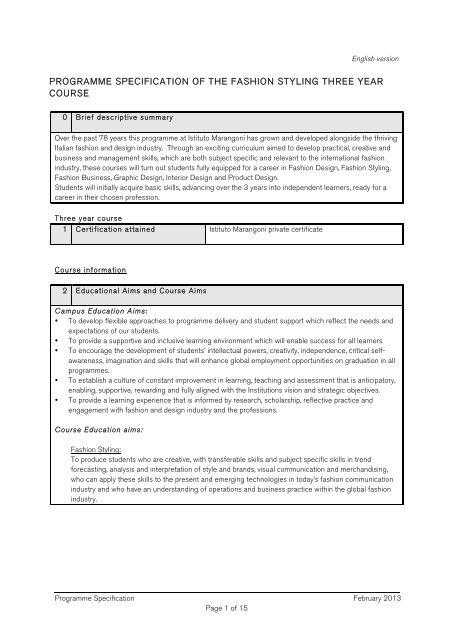 programme specification of the fashion styling  - Istituto Marangoni