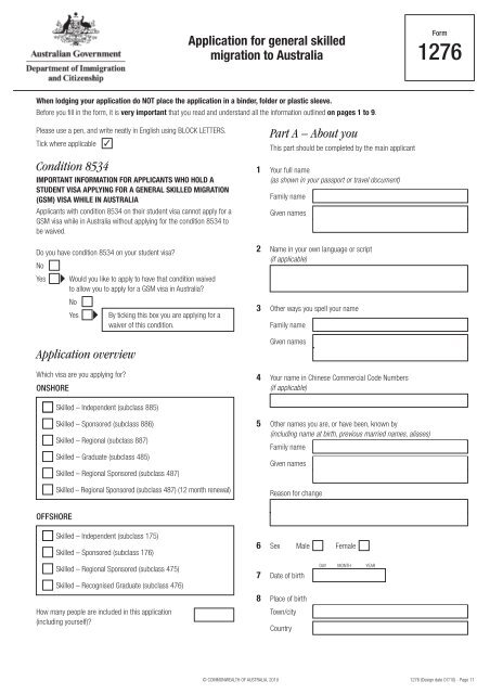 1276 - Application for general skilled migration to Australia