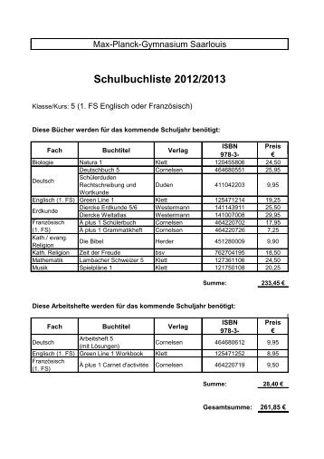 Schulbuchliste 2012/2013 - MPG Max Planck Gymnasium