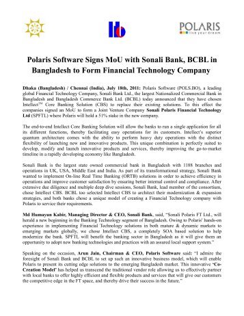 Polaris Software Signs MoU with Sonali Bank, BCBL in Bangladesh ...