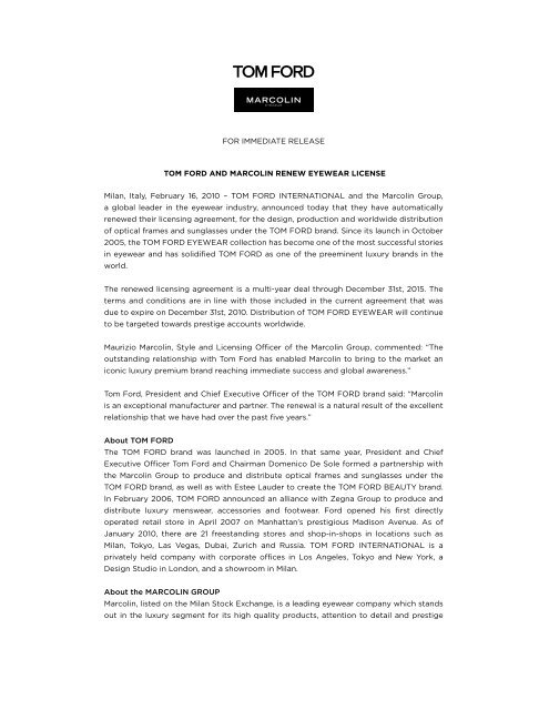 Tom ford and marcolin renew eyewear license
