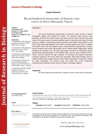 Recent biophysical characteristics of domestic water sources in Owerri Metropolis, Nigeria