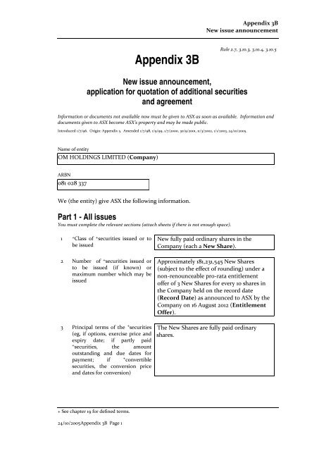 ASX Listing Rules Appendix 3B - New Issue ... - OM Holdings Ltd
