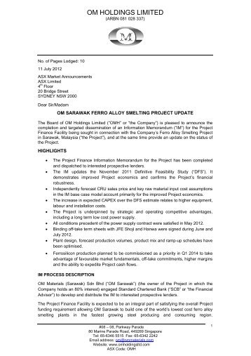 Sarawak Ferro Alloy Smelting Project Update - OM Holdings Ltd