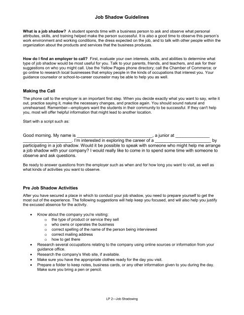 job shadow guidelines wha questions for job shadowing