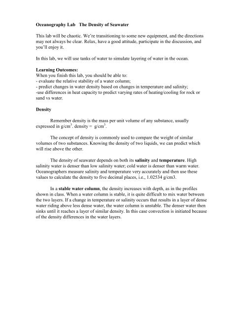 Oceanography Lab The  Density of Seawater - Faculty