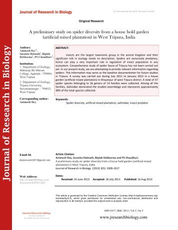 A preliminary study on spider diversity from a house hold garden (artificial mixed plantation) in West Tripura, India