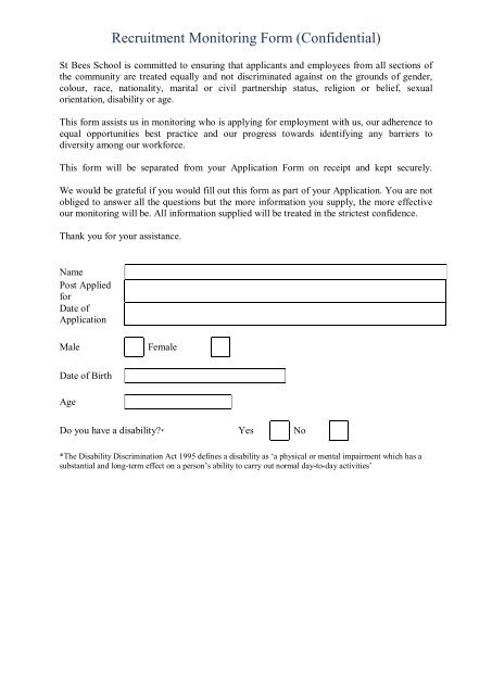 Recruitment Monitoring Form (Confidential) - St Bees School