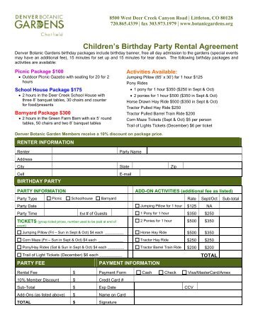 Children's Birthday Party Rental Agreement - Denver Botanic Gardens