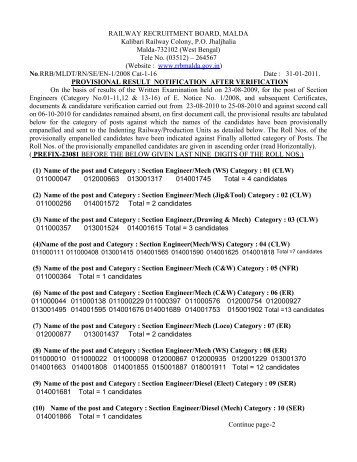 RAILWAY RECRUITMENT BOARD, MALDA Kalibari Railway ...