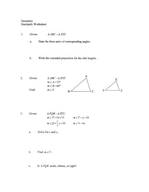 geometry similarity worksheet 1 given a abc a xyz a state the
