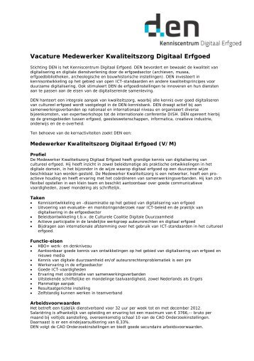 Vacature Medewerker Kwaliteitszorg Digitaal Erfgoed - DEN