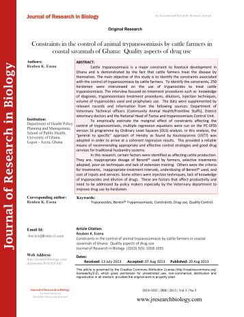 Constraints in the control of animal trypanosomiasis by cattle farmers in coastal savannah of Ghana: Quality aspects of drug use