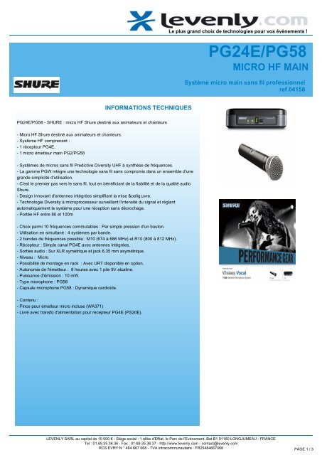 Fiche produit SHURE - PG24E/PG58, MICRO HF MAIN ... - Levenly