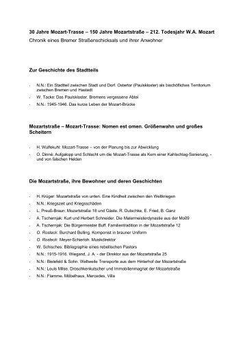 Inhaltsübersicht Festschrift - Mozartstrasse Bremen