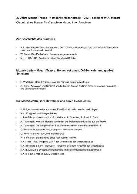 Inhaltsübersicht Festschrift - Mozartstrasse Bremen