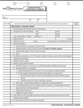 322-0521 LABOR EPIDURAL INTRATHECAL ORDERS rev 11-09