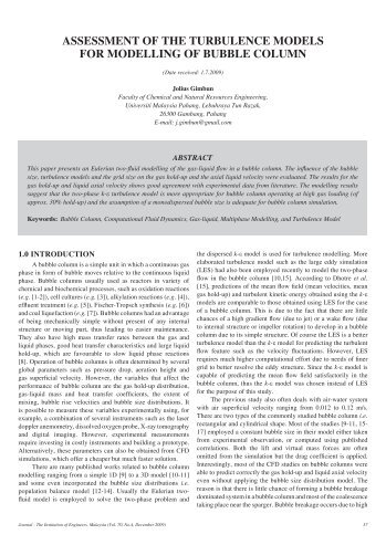assessment of the turbulence models for modelling of bubble column