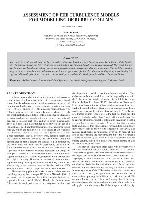 assessment of the turbulence models for modelling of bubble column