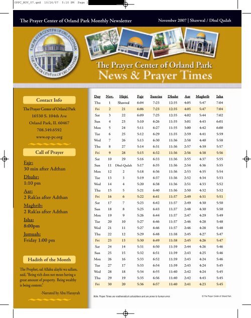 Contact Info Call of Prayer Hadith of the Month Fajr: 30 min after ...