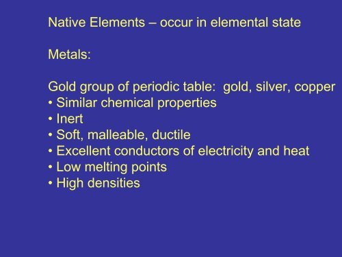 Native Elements, Sulfides, Halides, Sulfates - Faculty web pages