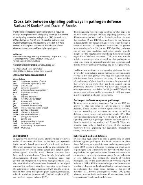 Cross talk between signaling pathways in pathogen defense ...