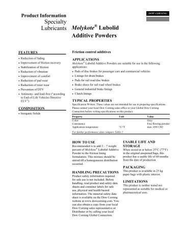 Specialty Lubricants Molykote Lubolid Additive Powders