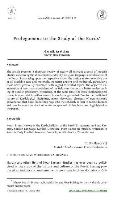 Prolegomena To The Study Of The Kurds