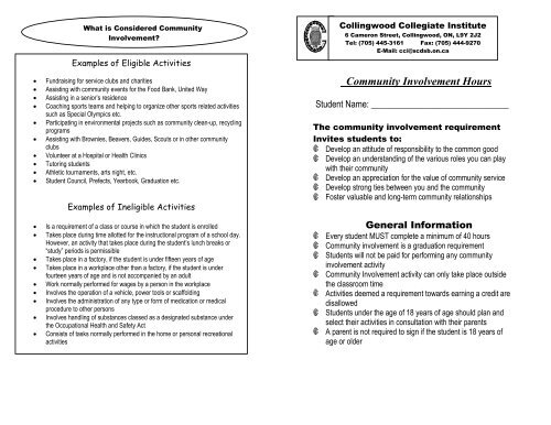 Community Involvement Hours Collingwood Collegiate Institute