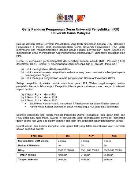 Geran Universiti Penyelidikan (RU) - USM