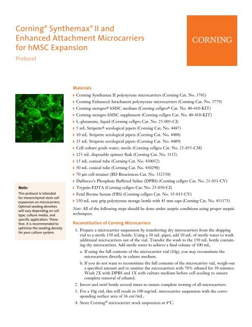 CorningÂ® SynthemaxÂ® II and Enhanced Attachment Microcarriers ...