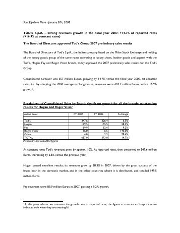 Strong revenues growth in the fiscal year 2007 - Tod's Spa