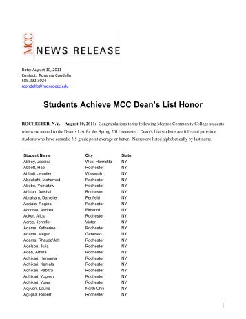 Students Achieve MCC Dean's List Honor - Monroe Community ...