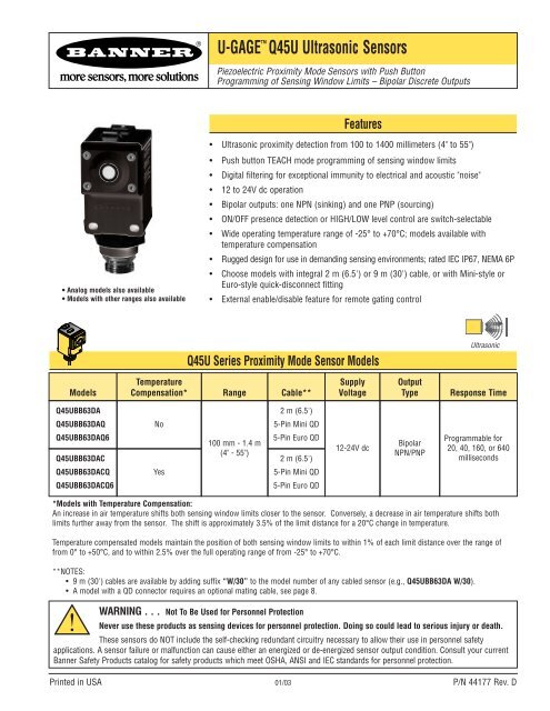 44177 Q45u Ultrasonic Sensor Banner Engineering