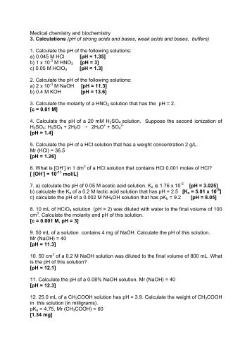 Medical chemistry and biochemistry 3. Calculations (pH of strong ...
