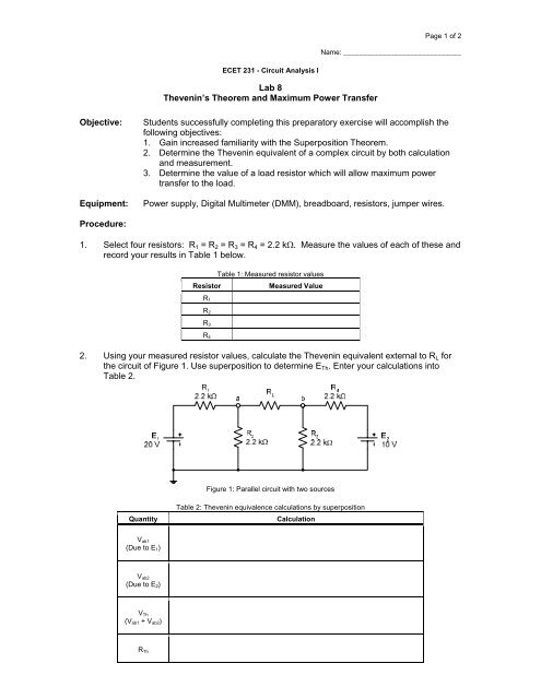 Lab 8 - Thevenin's Theorem and Max Power Transfer - PAWS