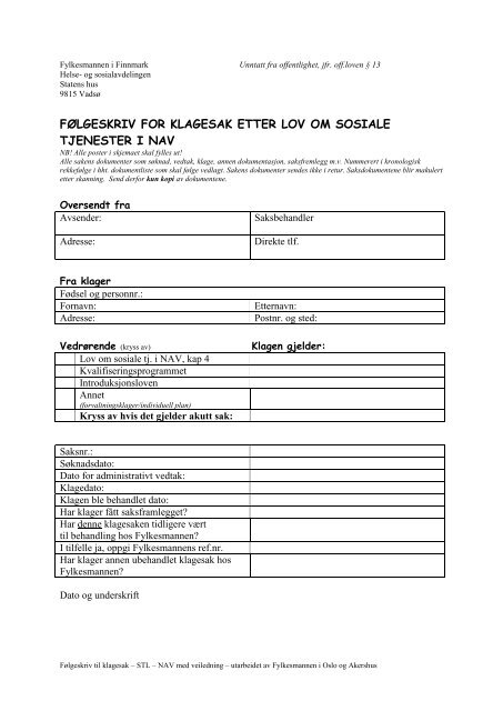 Skjema ved oversendelse av klagesaker - Pdf