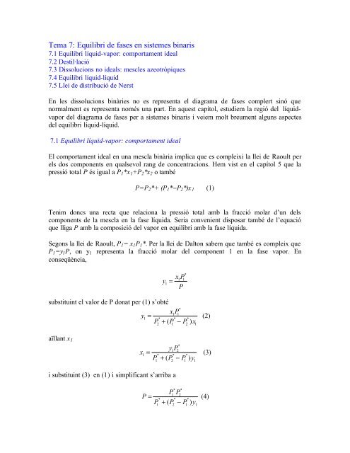 Tema 7: Equilibri de fases en sistemes binaris - Facultat de QuÃ­mica