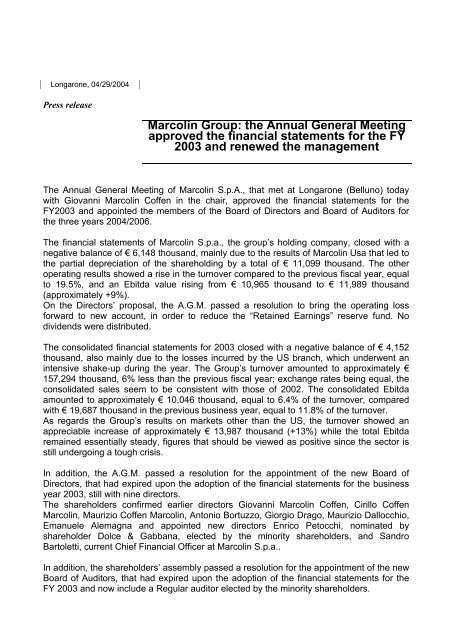 Marcolin Group: the Annual General Meeting approved the financial ...
