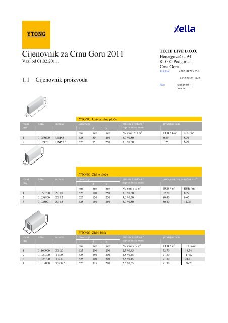 Cijenovnik za Crnu Goru 2011