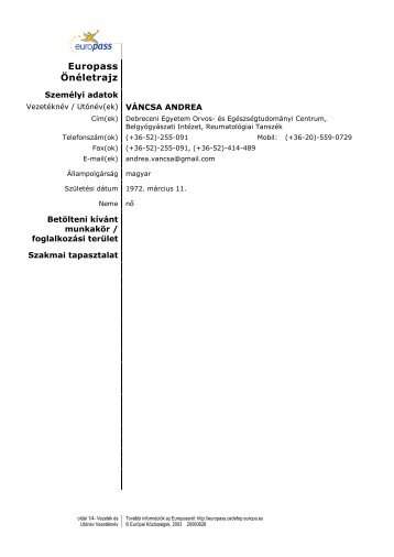 Europass Önéletrajz - Reumatológiai tanszék